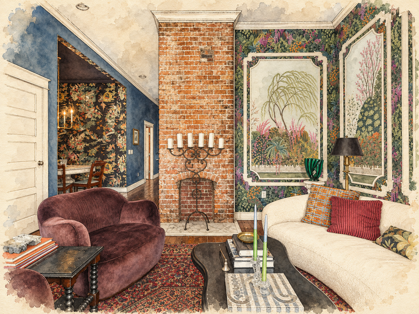 Watercolor of the living room at The Belvedere, 1075 2nd Avenue South