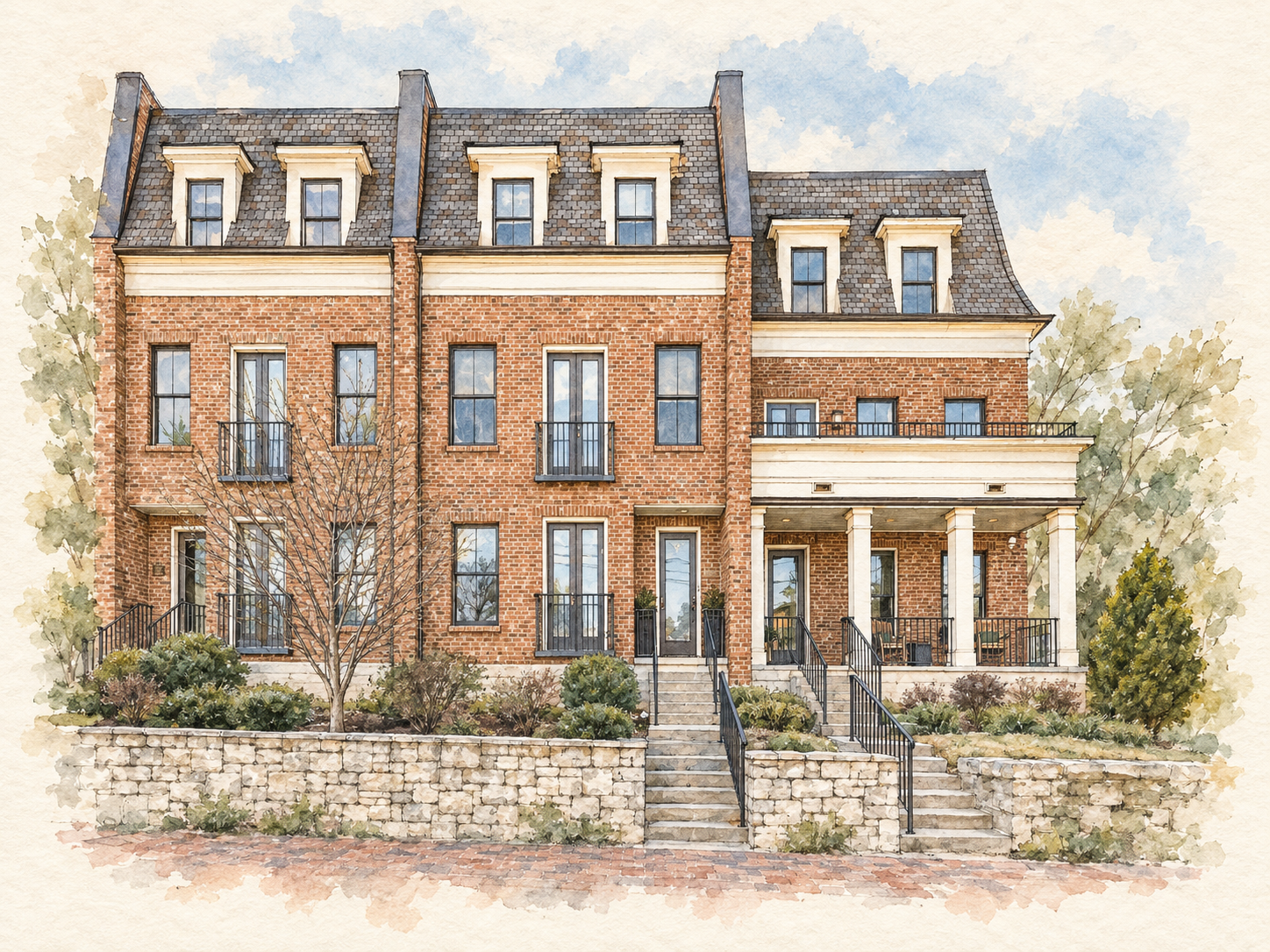 Watercolor of the front facade of The Gentleman at 1313 5th Avenue North, Unit 3