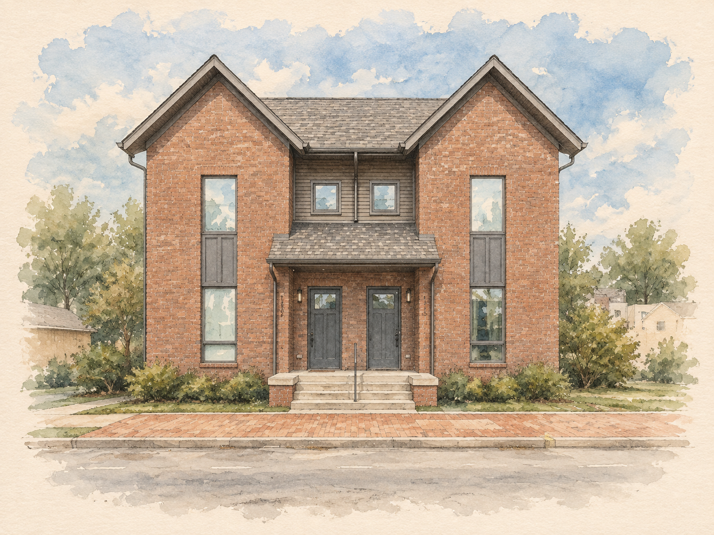Watercolor of the front facade of The Hopkins House, 1330 3rd Avenue North