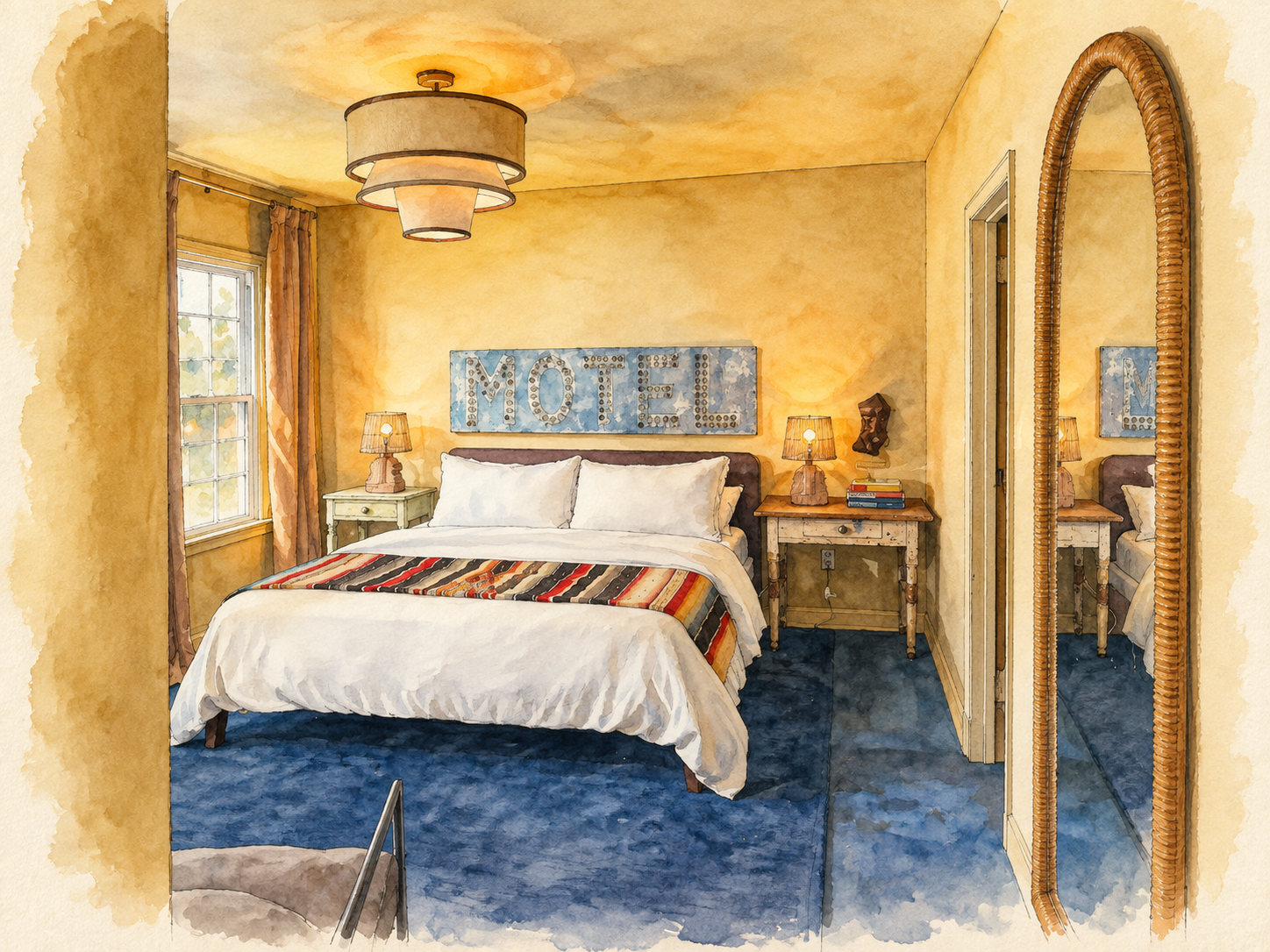 Watercolor of a bedroom at The Thompson, 3110 Southlake Drive